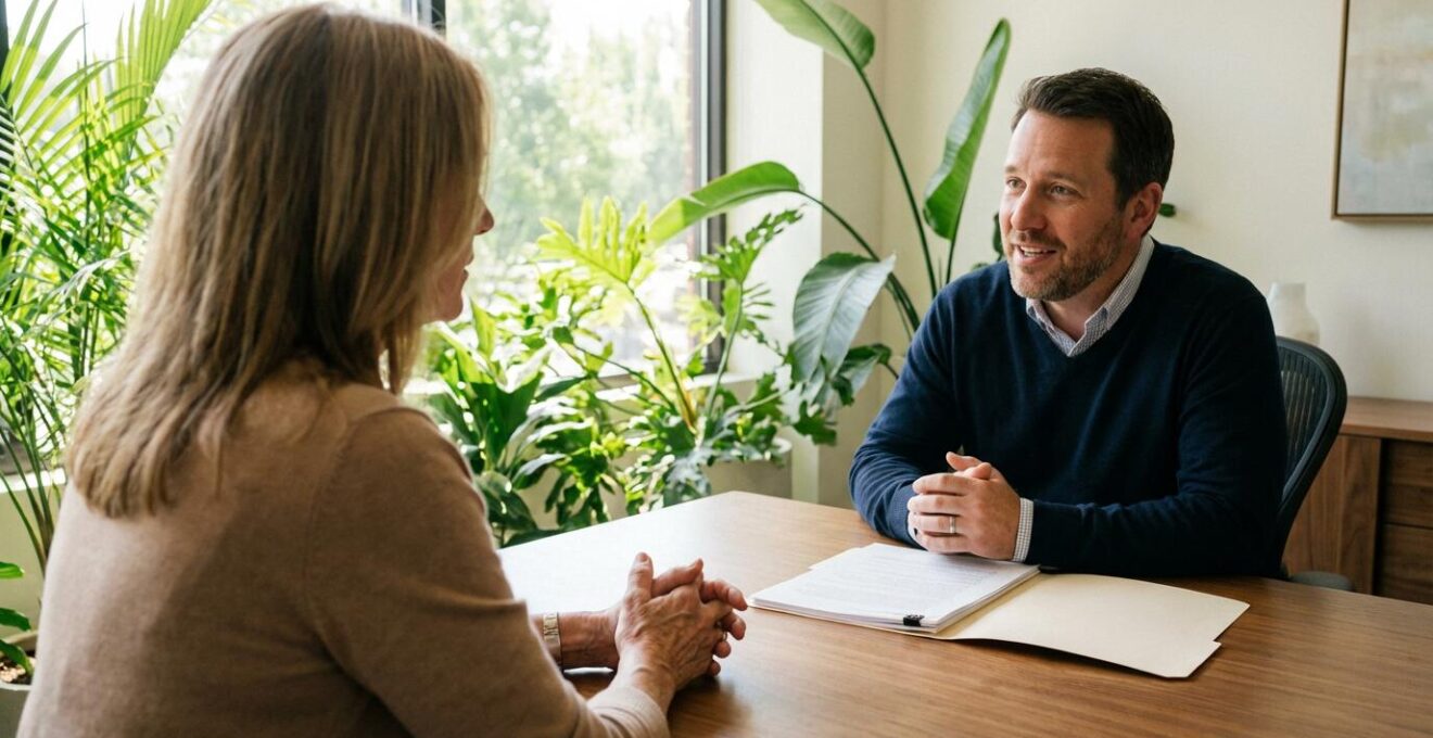 Femme écoutant un conseiller dans un bureau lumineux