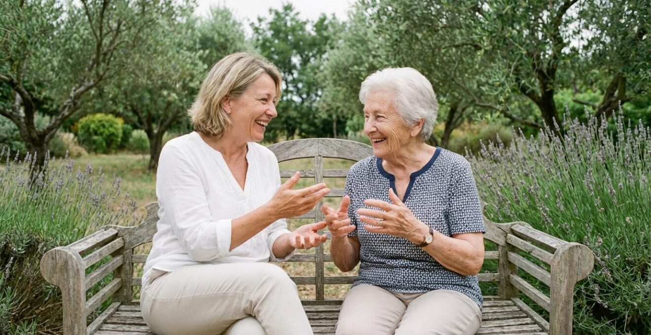 Femme et sa mère âgée assises dans un jardin méditerranéen provençal