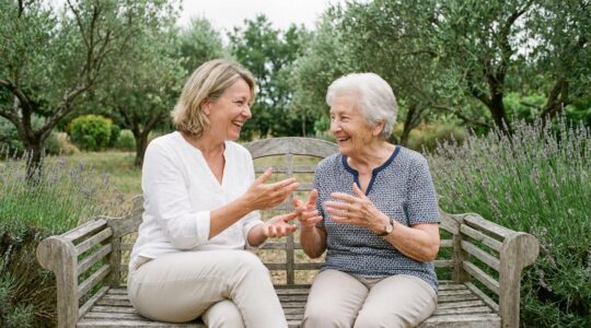 Femme et sa mère âgée assises dans un jardin méditerranéen provençal