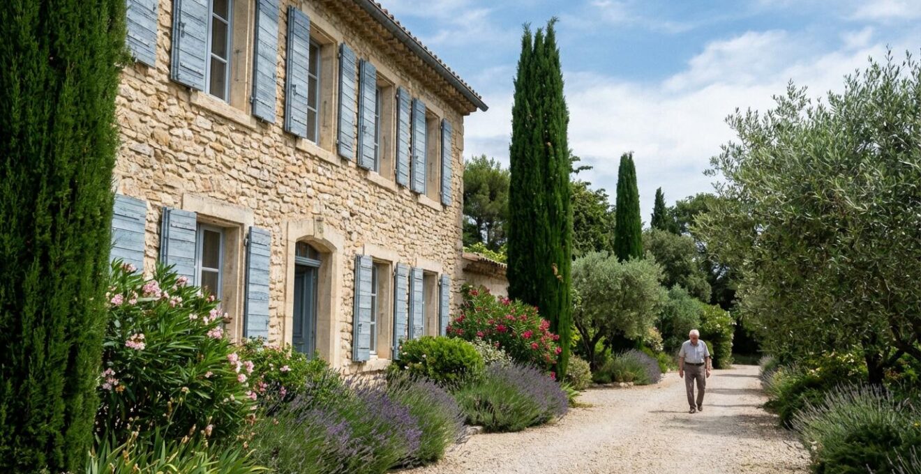 Façade extérieure d'une résidence pour personnes âgées en Provence avec jardin méditerranéen