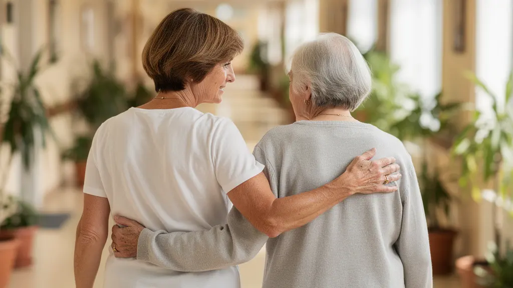 Fille accompagnant sa mère âgée dans un couloir lumineux d'établissement pour personnes âgées à Marseille