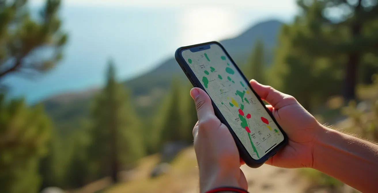 Smartphone tenu en main montrant une carte colorée des massifs avec zones vertes et rouges