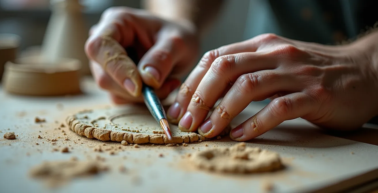 Intérieur d'atelier d'artiste avec outils et œuvres en cours dans le quartier de Noailles