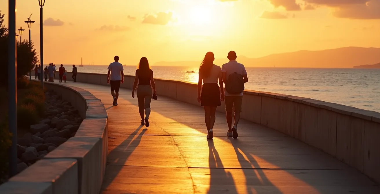 Promenade le long de la Corniche Kennedy à Marseille au crépuscule avec vue sur les îles