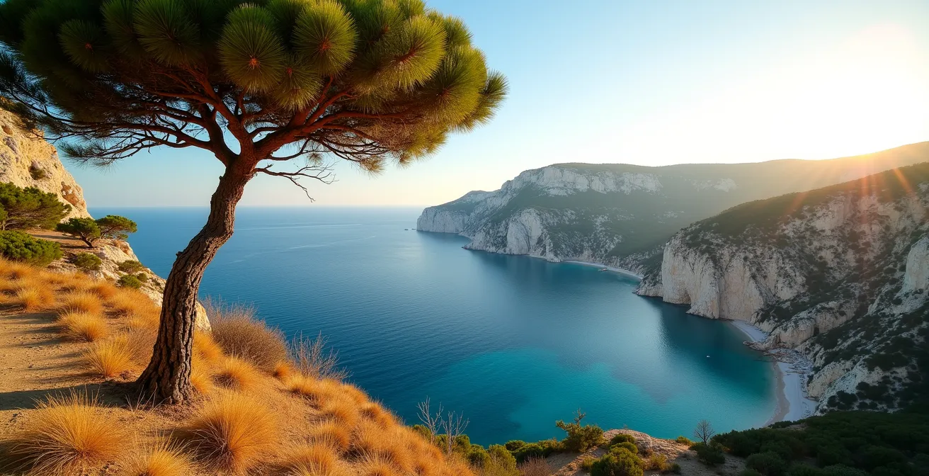 Point de vue sécurisé du belvédère d'En-Vau avec pin parasol au premier plan et vue sur la calanque