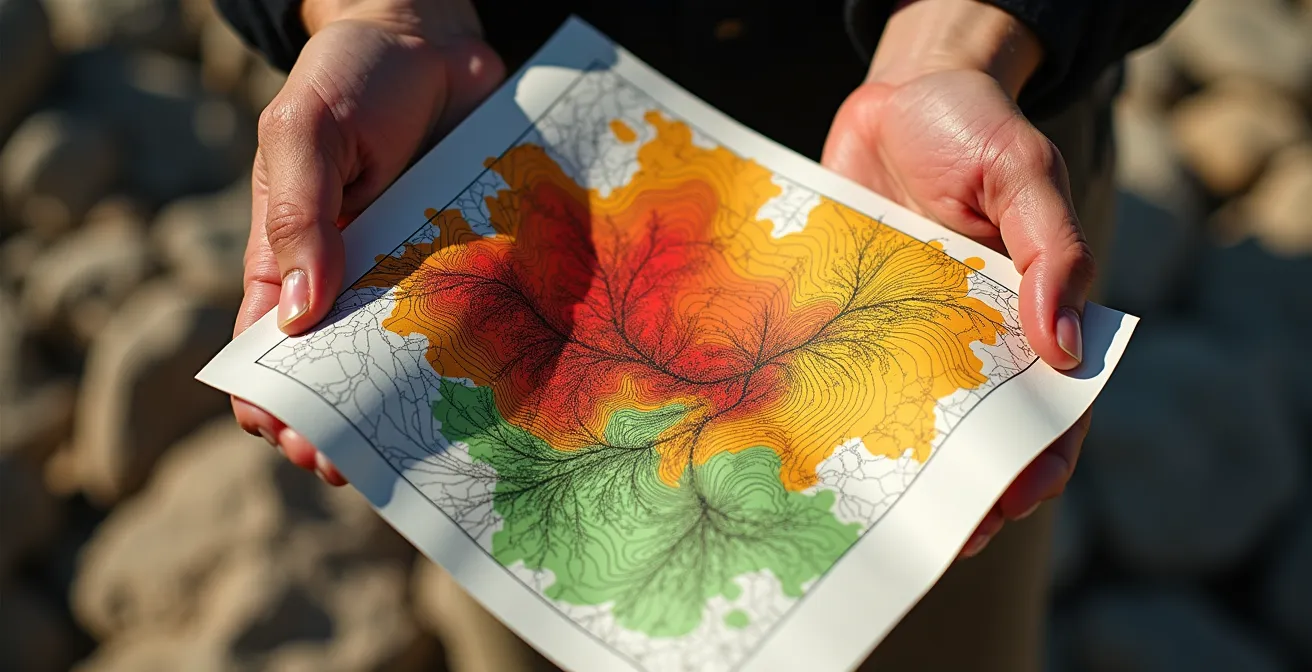 Main tenant une carte des calanques avec zones colorées montrant les niveaux de risque incendie