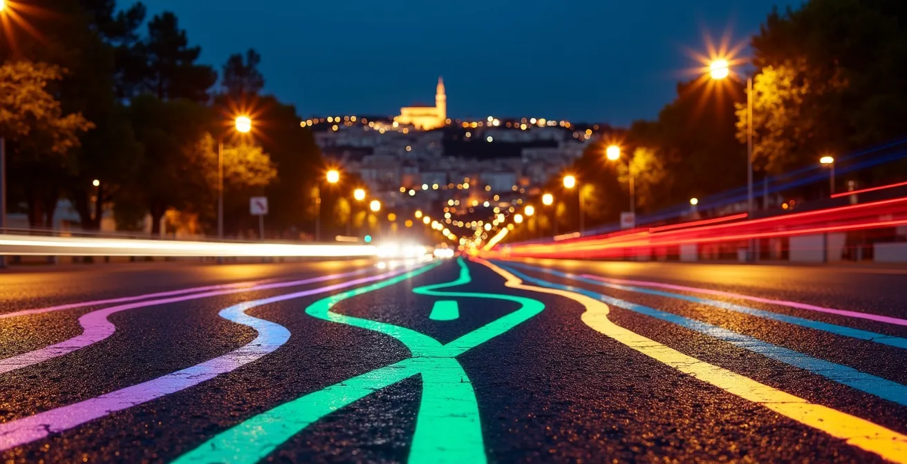 Plan nocturne de Marseille montrant les trajets de bus de nuit et zones festives illuminées