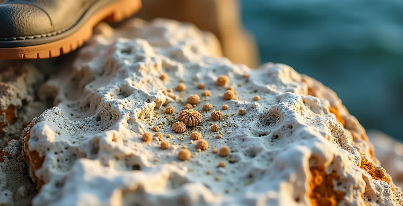 Gros plan sur la roche calcaire polie et glissante des sentiers des Calanques
