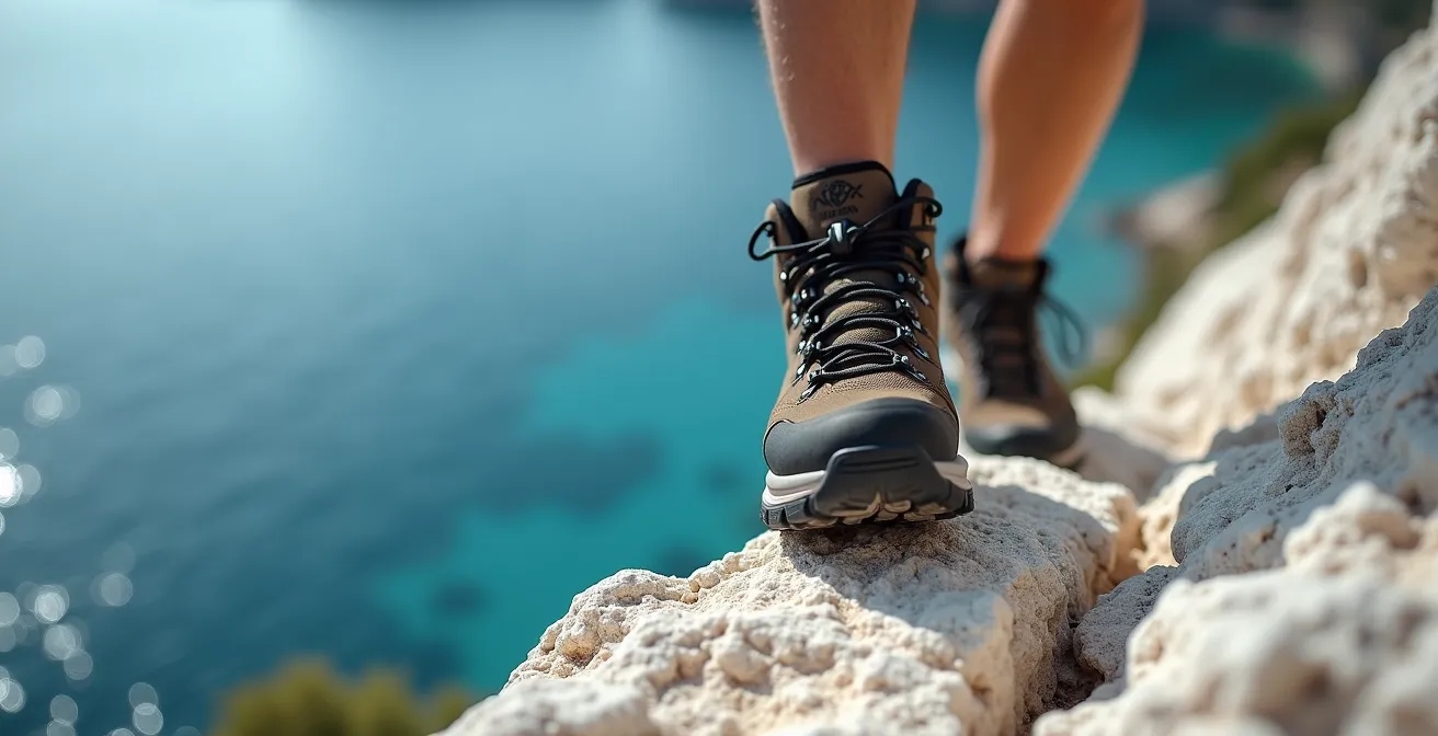 Pied de randonneur avec chaussure technique posé précisément sur une arête rocheuse calcaire