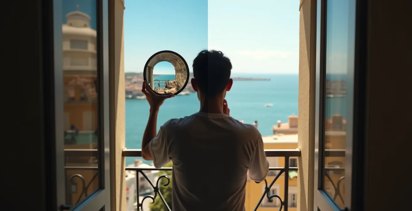 Comparaison entre une photo grand angle d'appartement et la vue réelle depuis le balcon à Marseille