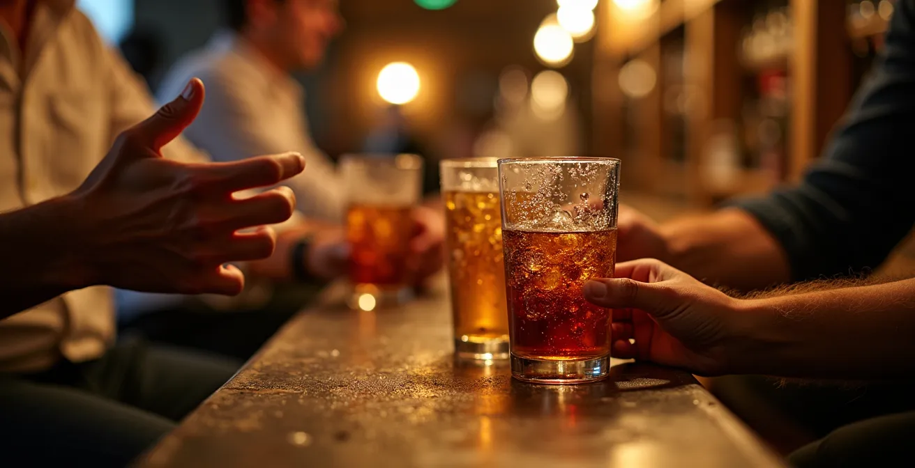 Vue rapprochée d'un comptoir de bar marseillais avec des mains tenant des verres de pastis