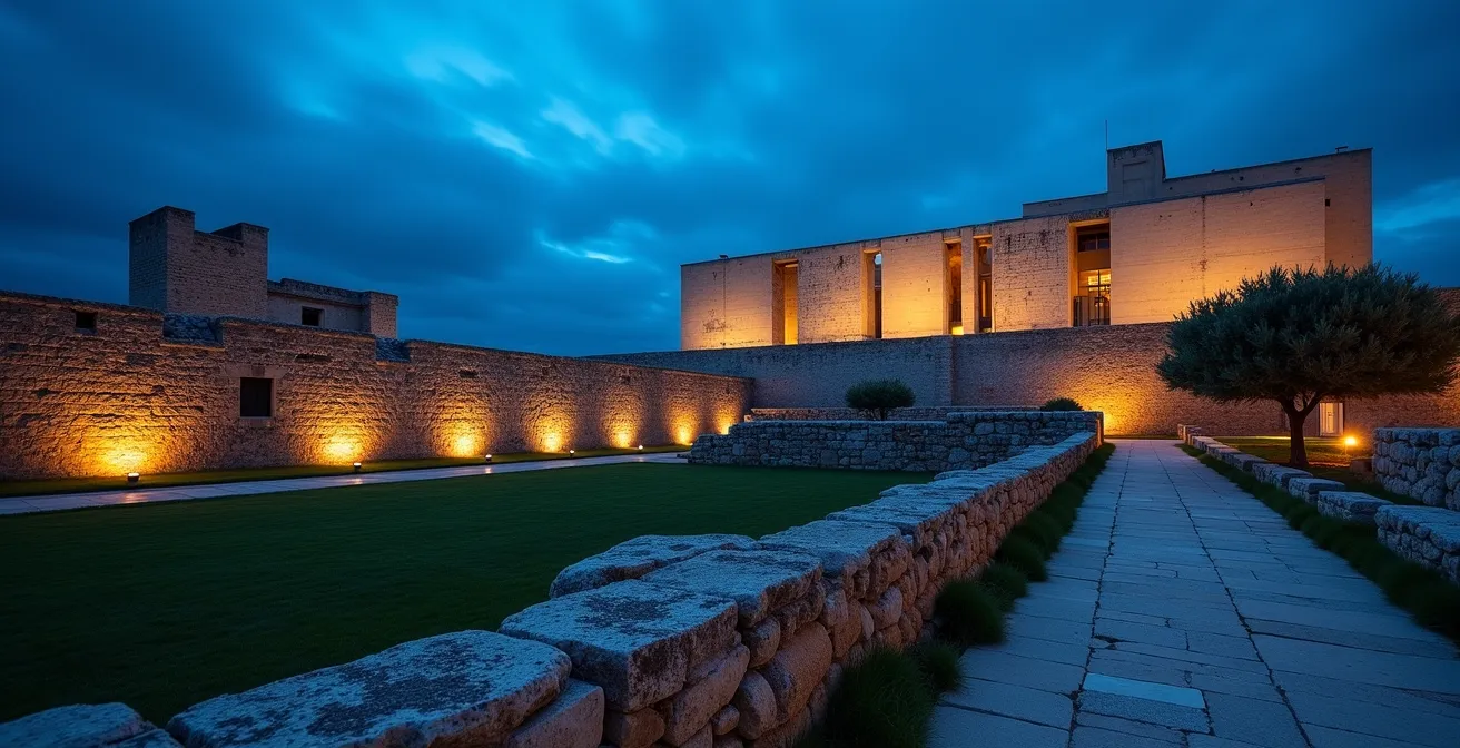 Composition photographique montrant le contraste entre les ruines grecques et le Centre Bourse moderne