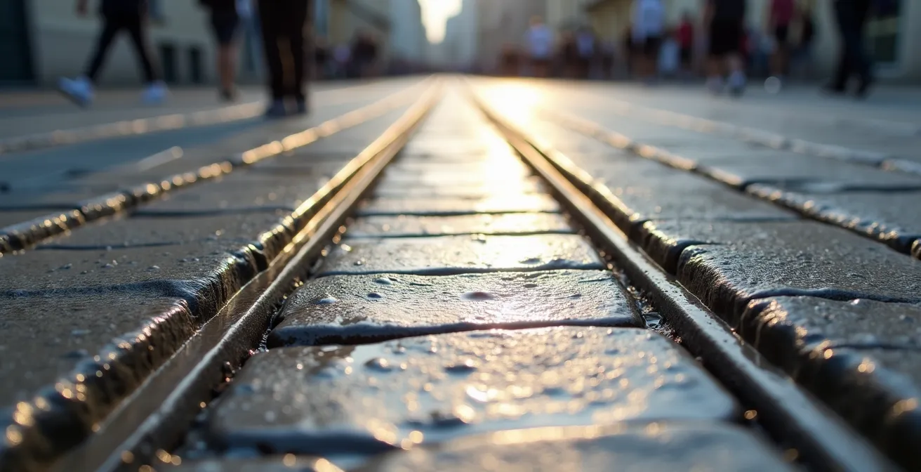 Vue macro détaillée du pavage en pierre porphyre de la Canebière avec reflets de tramway