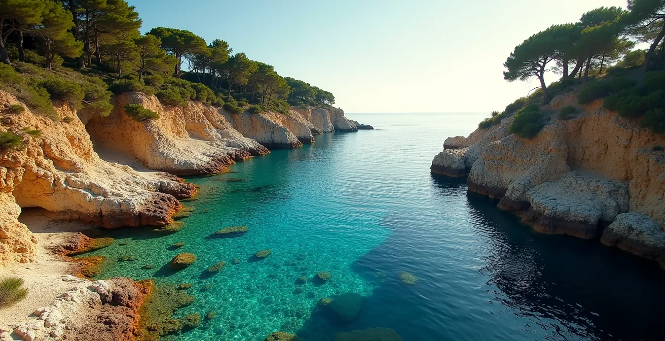 Petite crique isolée de la Côte Bleue avec eau cristalline et peu de baigneurs