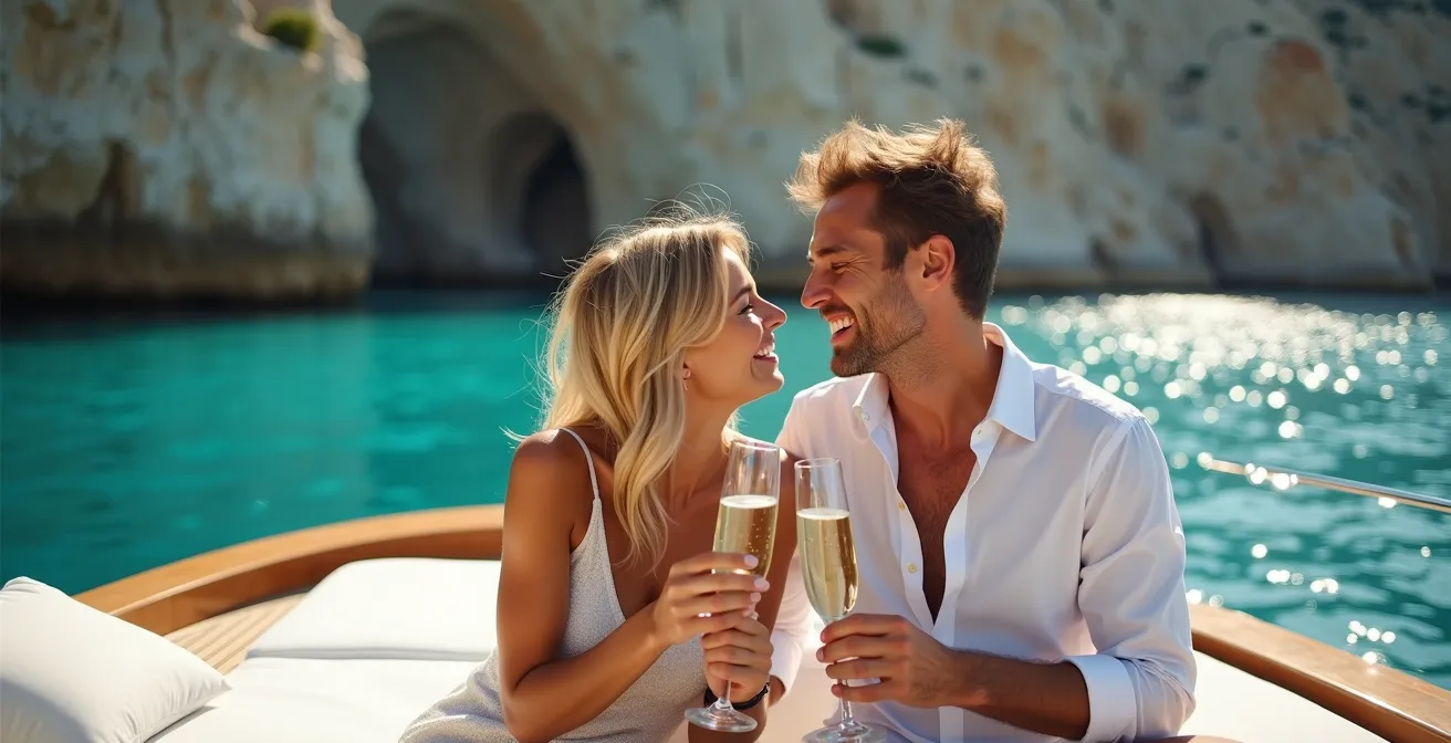 Yacht ancré dans une crique isolée de la Côte Bleue avec eau turquoise et rochers