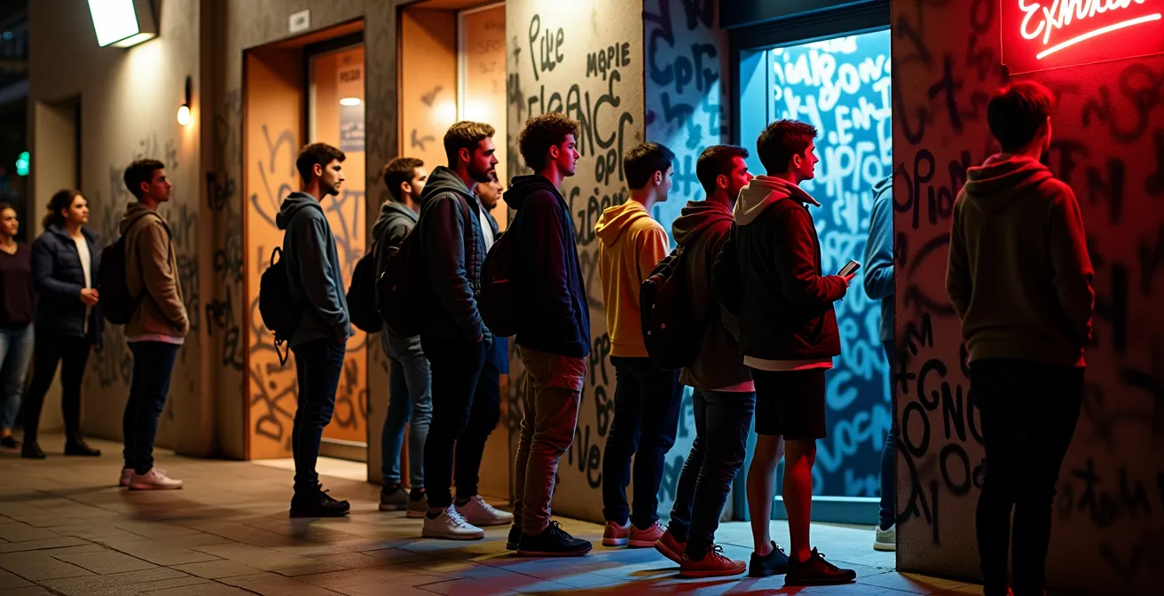 Jeunes marseillais en tenue décontractée devant l'entrée d'un club du Cours Julien