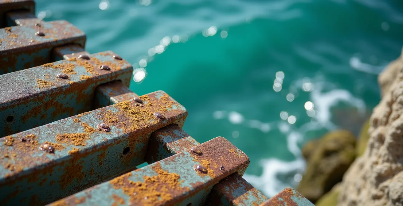 Vue rapprochée des échelles métalliques descendant vers les rochers de baignade sur la Corniche