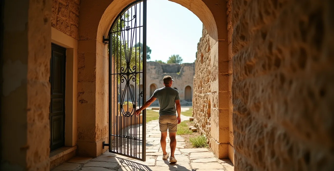 Entrée discrète du Jardin des Vestiges rue Henri Barbusse avec perspective sur les ruines