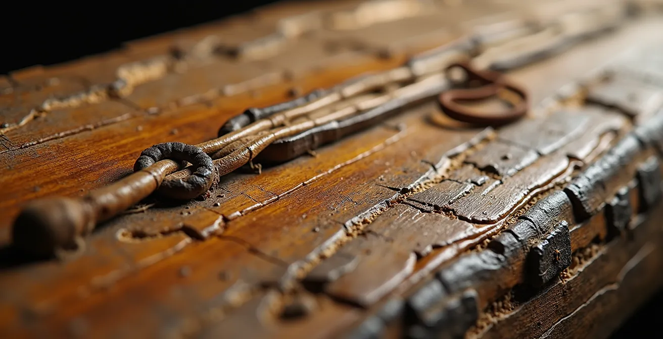 Détail macro du bois lyophilisé d'une épave romaine montrant les ligatures et assemblages antiques