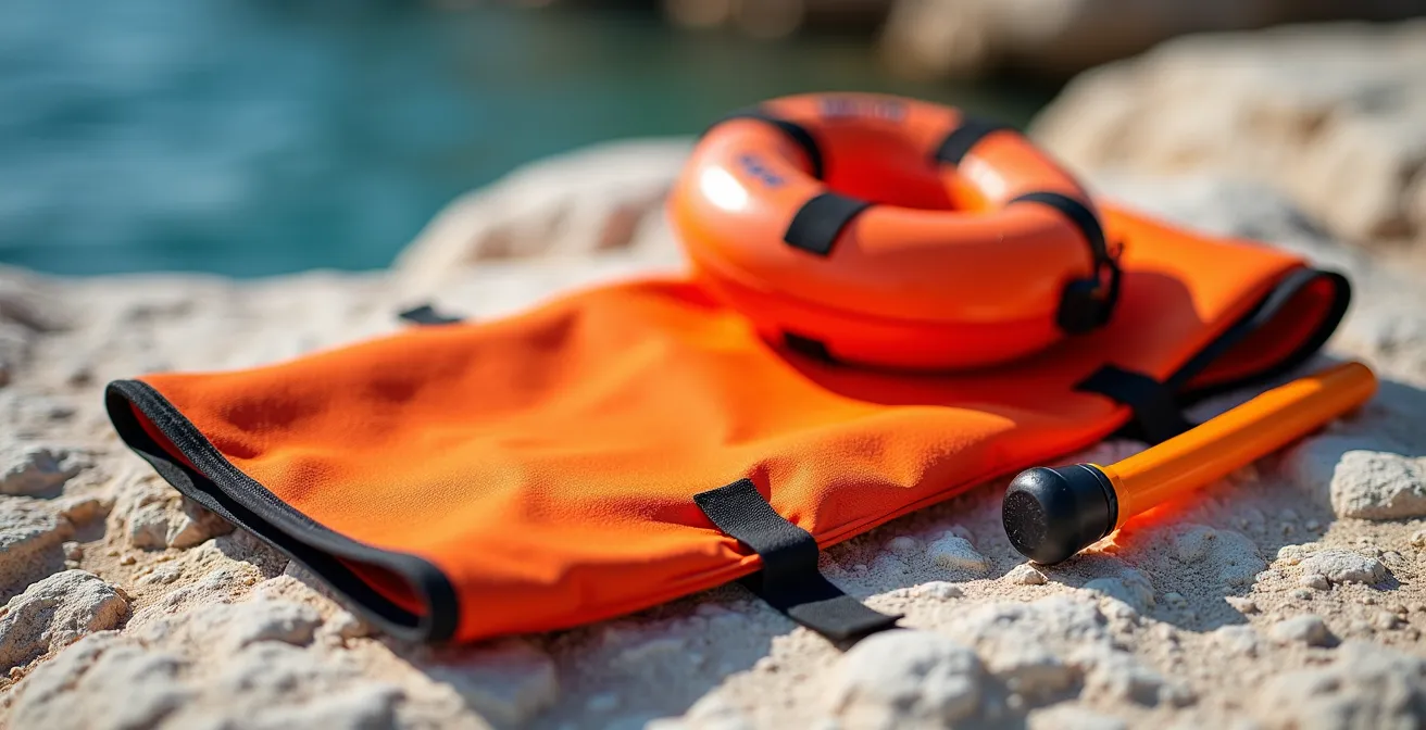 Équipements de sécurité nautique disposés sur les rochers calcaires d'une calanque marseillaise