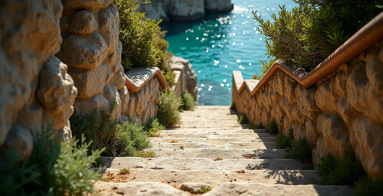 Escalier en pierre descendant entre les rochers vers une crique cachée à Marseille