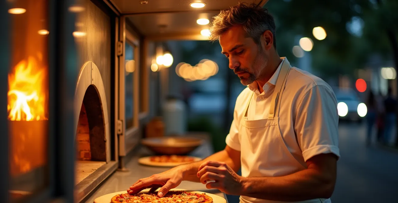 Pizzaiolo marseillais travaillant devant son four à bois mobile dans un camion à pizza le soir