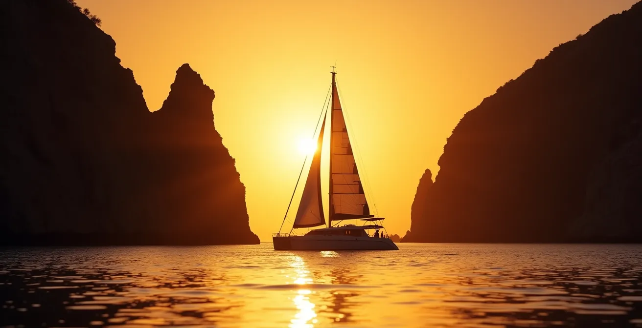 Silhouette d'un catamaran naviguant devant les falaises dorées des Calanques au coucher du soleil