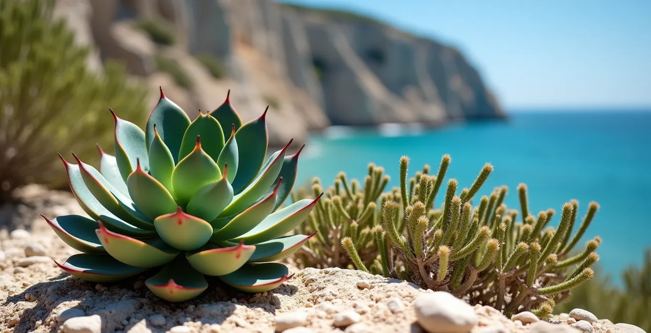 Gros plan sur une plante grasse invasive aux fleurs colorées sur les rochers calcaires des Calanques
