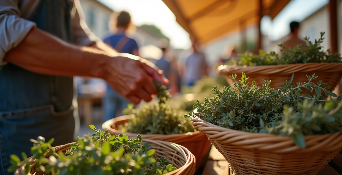 Herbes de Provence séchées naturellement sur un étal de marché provençal