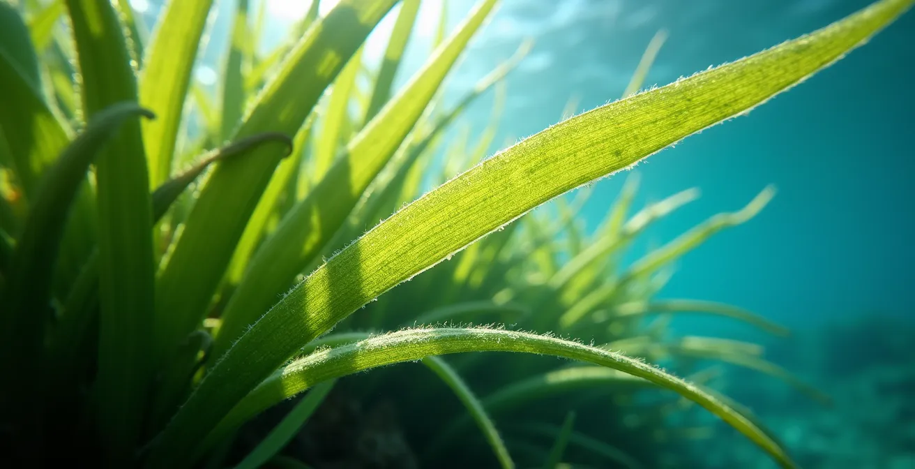 Vue sous-marine d'un herbier de posidonie avec ses longues feuilles vertes ondulant dans l'eau cristalline
