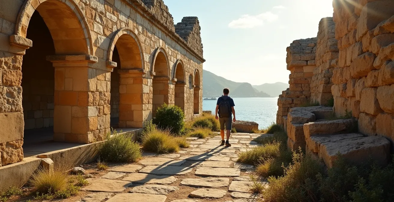Vue aérienne de l'Hôpital Caroline sur les hauteurs du Frioul avec panorama sur Marseille