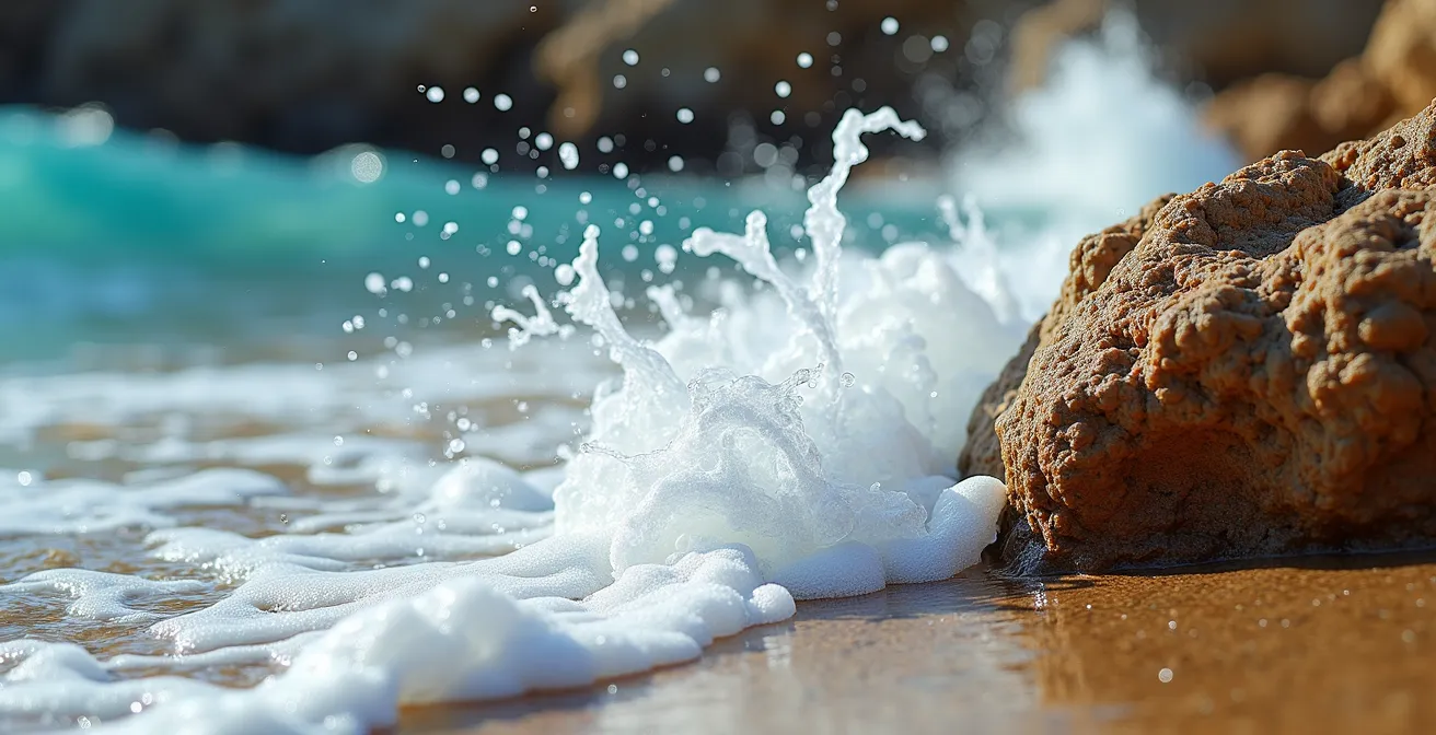 Vagues déferlant dans une anse rocheuse méditerranéenne par vent d'ouest