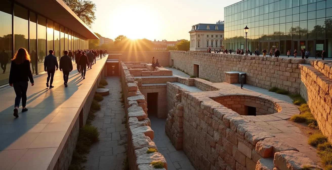Vue aérienne du Jardin des Vestiges montrant les fortifications grecques intégrées dans le tissu urbain moderne