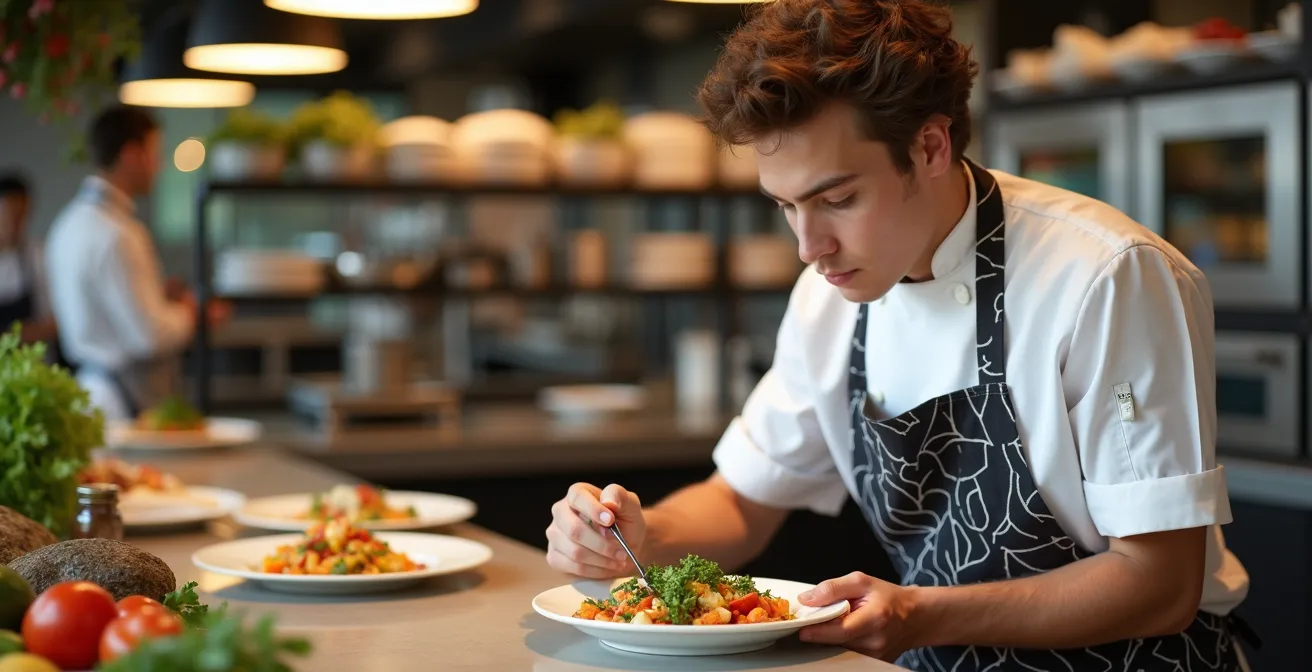 Jeune chef en action dans une cuisine moderne avec des ingrédients méditerranéens frais