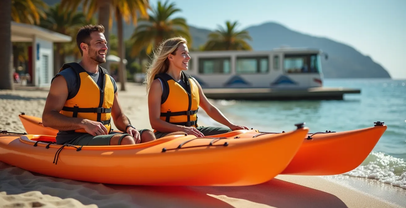 Kayakistes préparant leur embarcation près d'un arrêt de bus à la Pointe Rouge