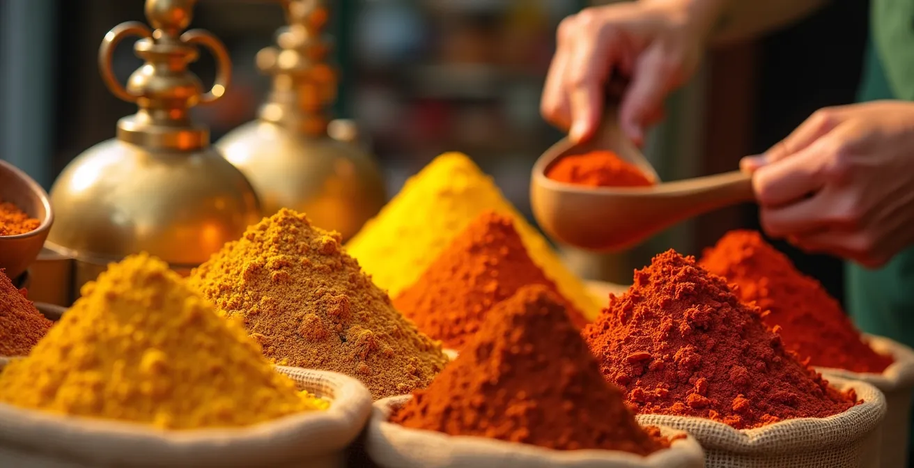 Étals d'épices colorées au marché de Noailles à Marseille