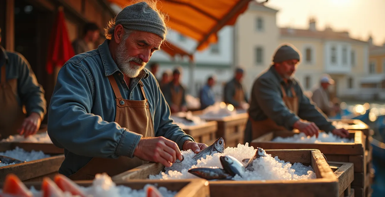 Marché aux poissons du Vieux-Port au lever du soleil avec les pointus et pêcheurs