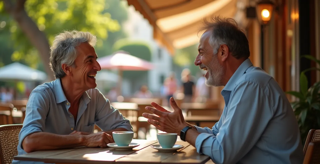 Marseillais en conversation animée sur une terrasse ensoleillée avec gestes expressifs