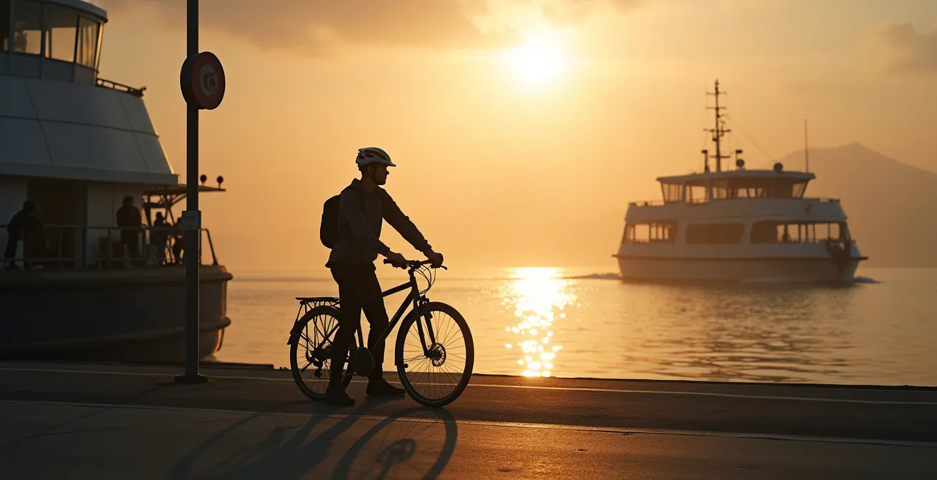 Cycliste attendant l'embarquement avec son vélo près de la navette maritime au port de l'Estaque