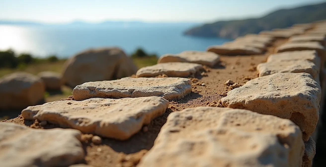 Vestiges des fondations de pierre de l'oppidum de Verduron surplombant la baie de Marseille