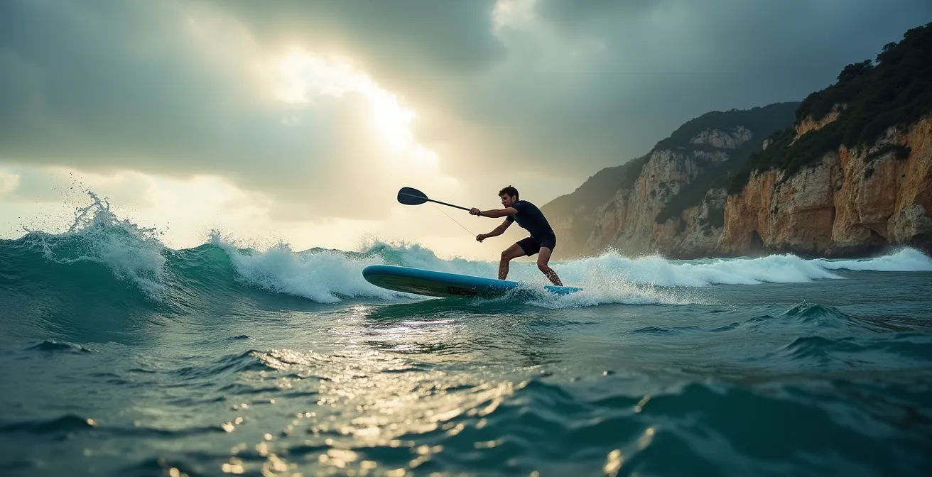 Paddleur luttant contre le vent fort dans les calanques avec des vagues
