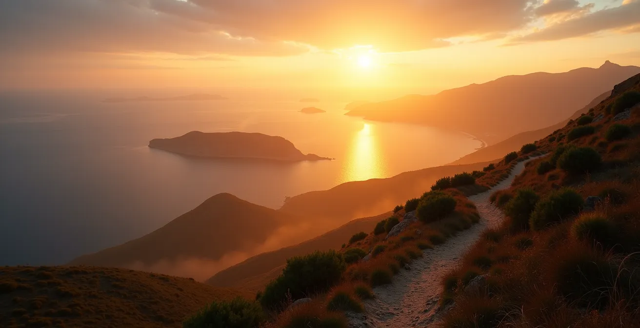 Vue panoramique depuis le Col de Sormiou montrant l'archipel de Riou et la mer Méditerranée au lever du soleil