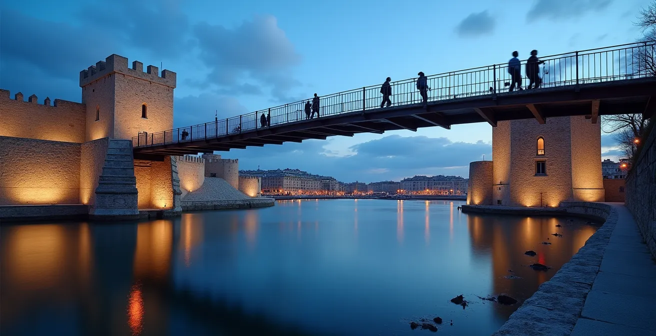 Perspective architecturale montrant la passerelle reliant le bâtiment moderne du J4 au Fort Saint-Jean historique