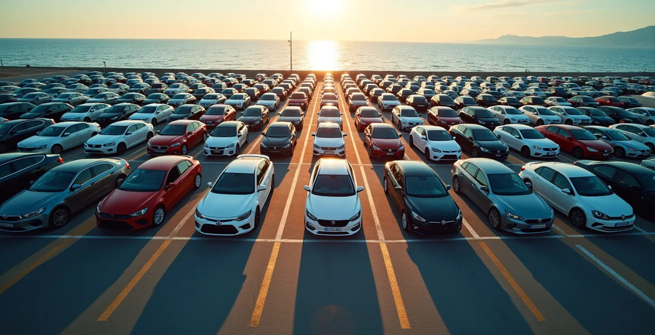 Vue en plongée d'un parking bondé près de la mer avec voitures colorées