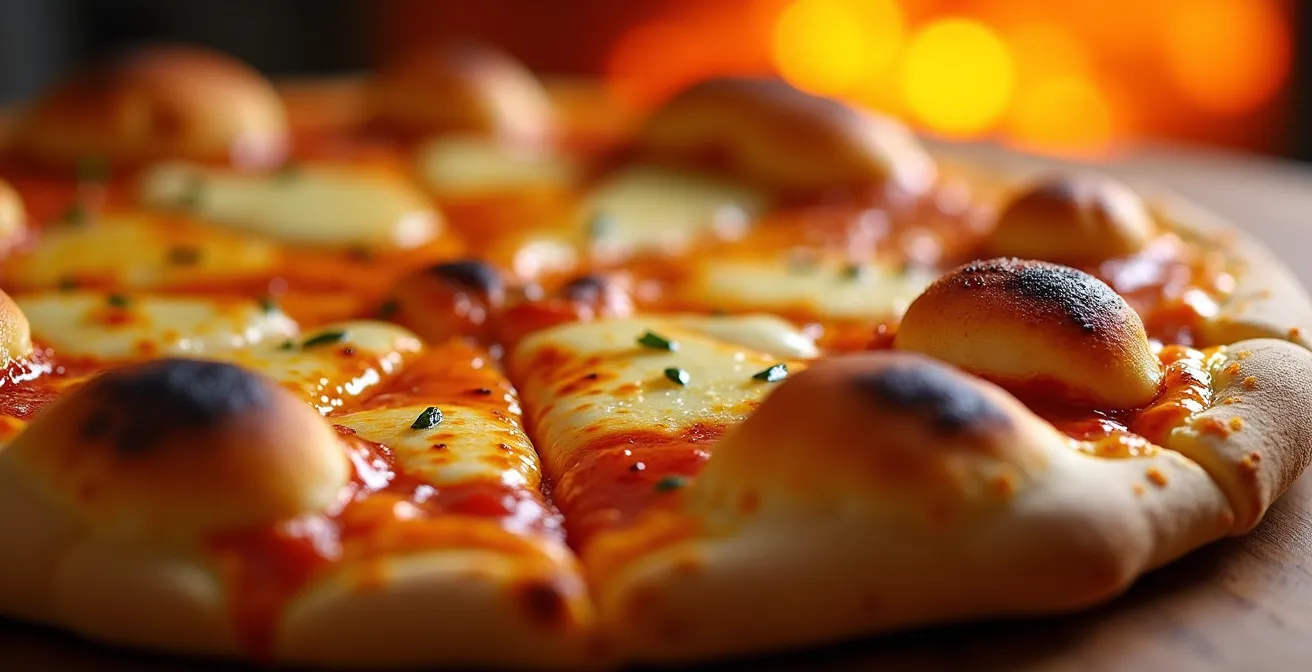 Détail macro de la croûte fine et alvéolée d'une pizza marseillaise sortant du four