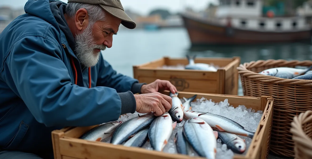 Pêcheur marseillais arrangeant son étalage de poissons frais sur le Vieux-Port