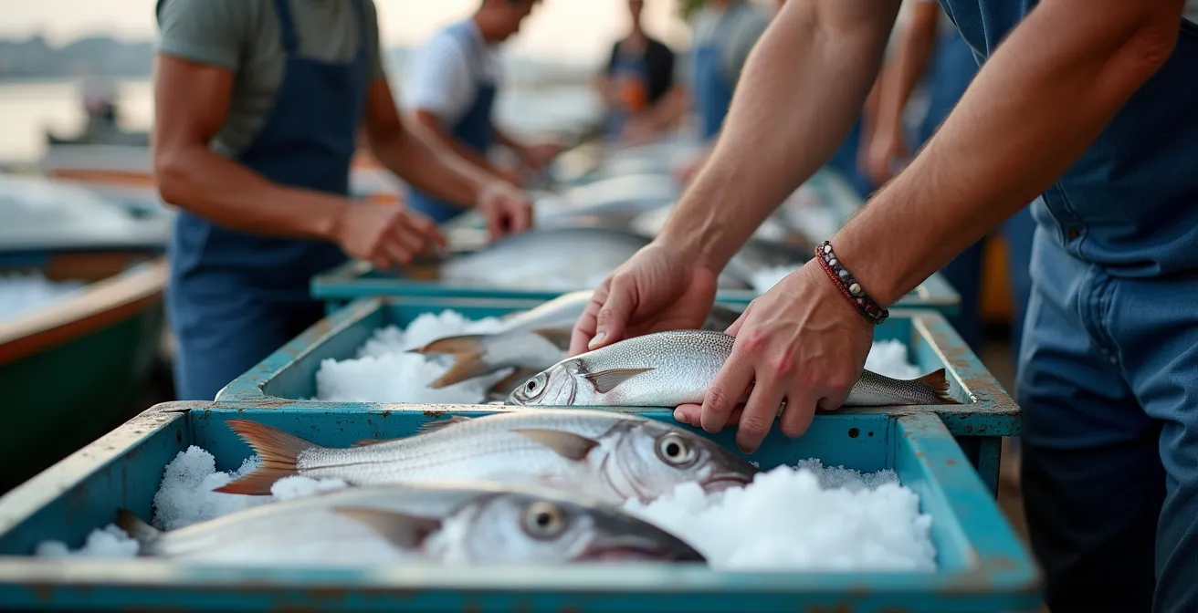 Pêcheurs locaux vendant leur pêche du jour sur les quais du port de Cassis au petit matin
