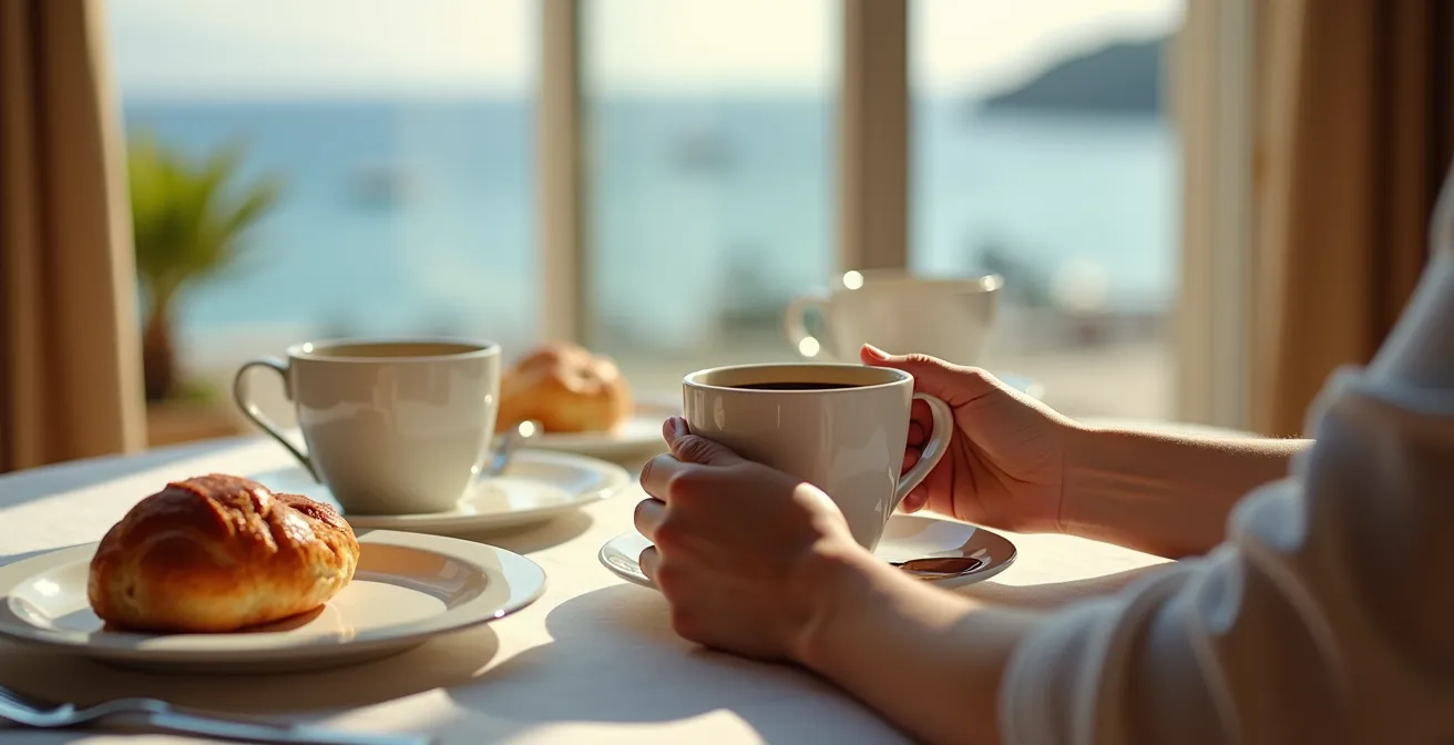 Table de petit-déjeuner installée devant une grande baie vitrée avec vue sur la Méditerranée à Marseille