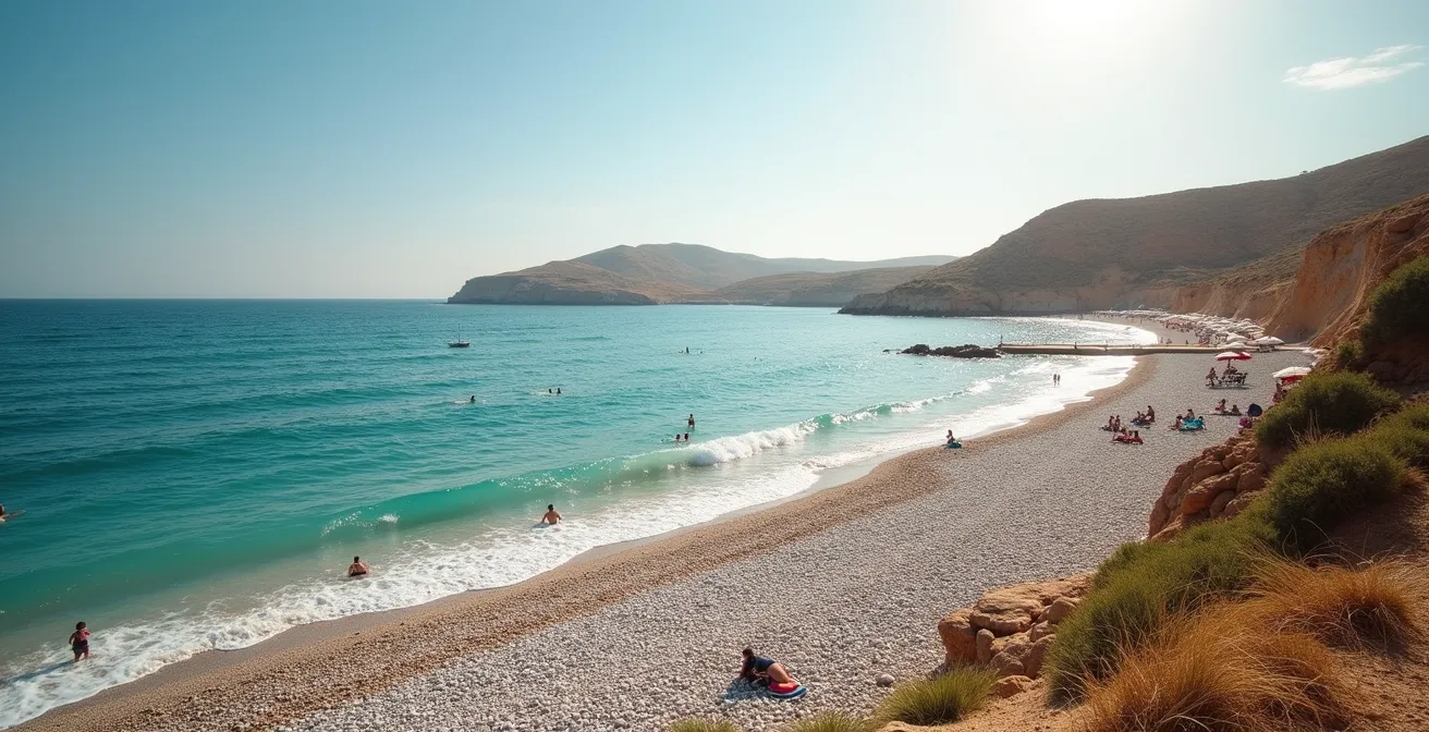 Vue aérienne de la plage du Bestouan à Cassis en fin d'après-midi avec peu de monde