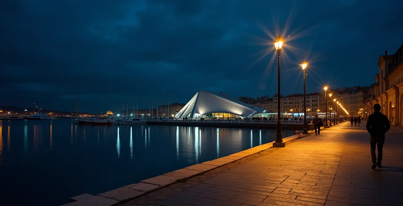 Quais éclairés du Vieux-Port de nuit avec l'Ombrière illuminée